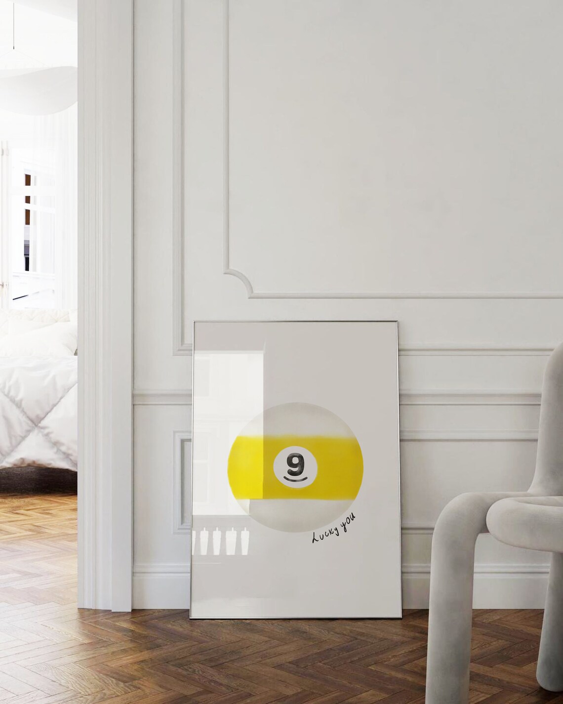Lucky You Number 9 Yellow Pool Ball Hand Drawn Trendy Retro Wall Art - Image 3