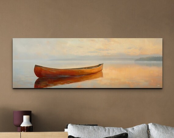 Brown Canoe Art Print, Rustic Lake House Decor