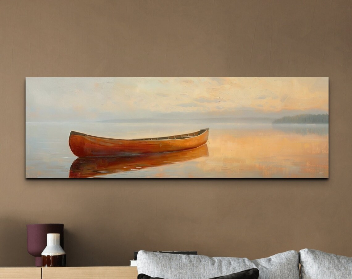 Brown Canoe Art Print, Rustic Lake House Decor
