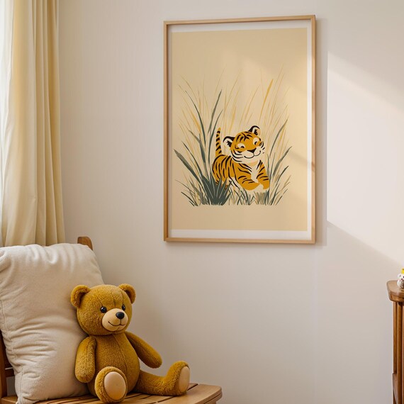 Baby Tiger Cute Nursery Illustration Playful Cub Tall Grass Safari Wall Art