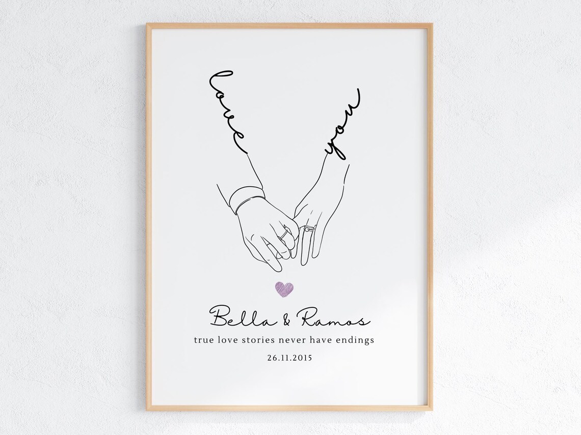 Couple Hands Line Drawing, Wedding Anniversary Gift