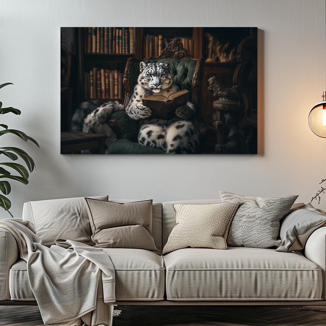 Bothered Snow Leopard Reading Maximalist Eclectic Victorian Print Bold Altered Animal Portrait Fantasy Fun Colorful Renaissance