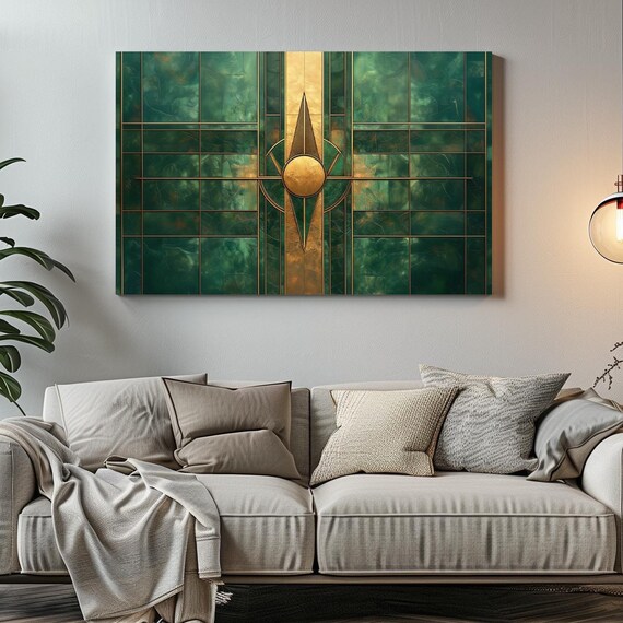 1920s Art Deco Sleek Green And Gold Print Bold Statement Vibrant Metallic Look Geometric Colorful Shapes Zig Zags Rustic Art