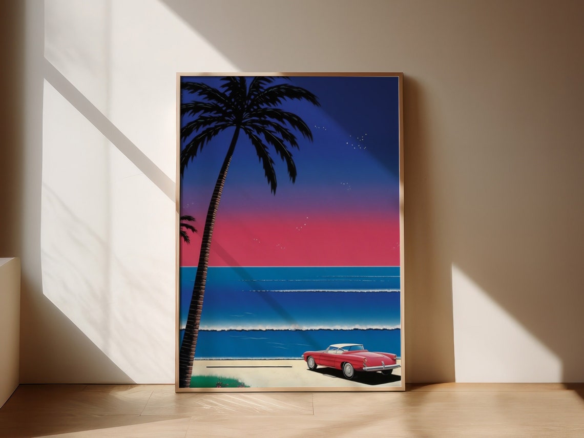 Vintage Red Classic Car Beach Sunset Palm Tree Retro Pop Art Poster