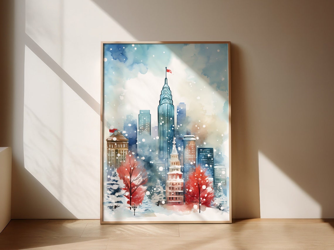 New York City Christmas Chrysler Building Red Trees Snow Poster