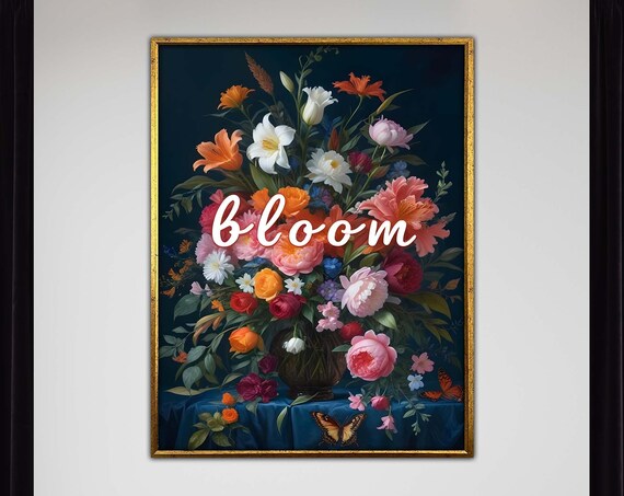 Blooming Vibrant Floral Bouquet Modern Botanical Bloom Dark Art Poster
