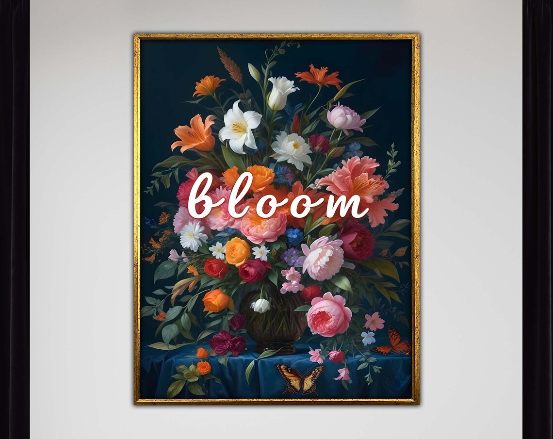 Blooming Vibrant Floral Bouquet Modern Botanical Bloom Dark Art Poster