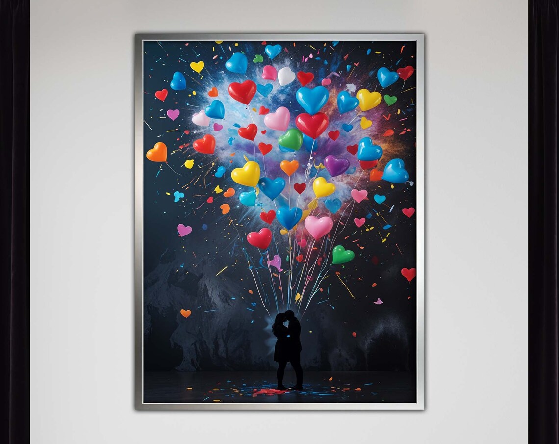 Couple Releasing Heart Balloons Romantic Love Silhouette Wall Art