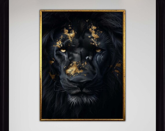 Regal Black Lion Canvas And Gold Art Luxury Animal Wall Print Decor Ready To Hang Majestic