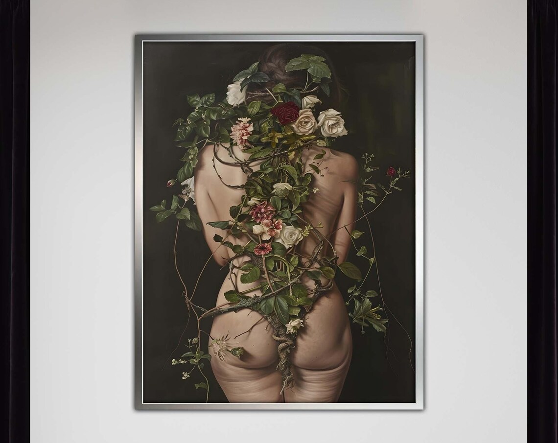 Woman Wrapped in Flowering Vines Dark Baroque Botanical Poster Art