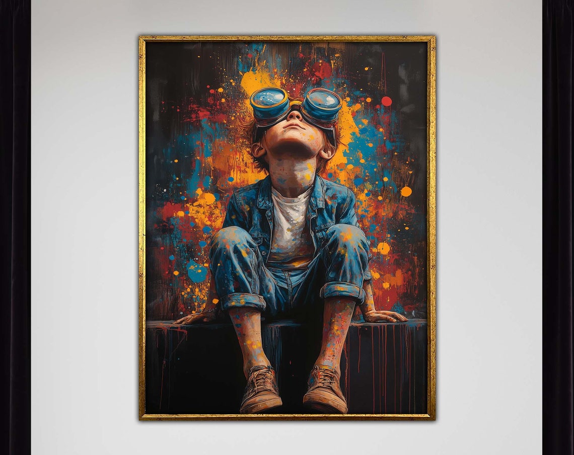 Dreamer Boy With Aviator Goggles Paint Splatter Canvas Style Poster