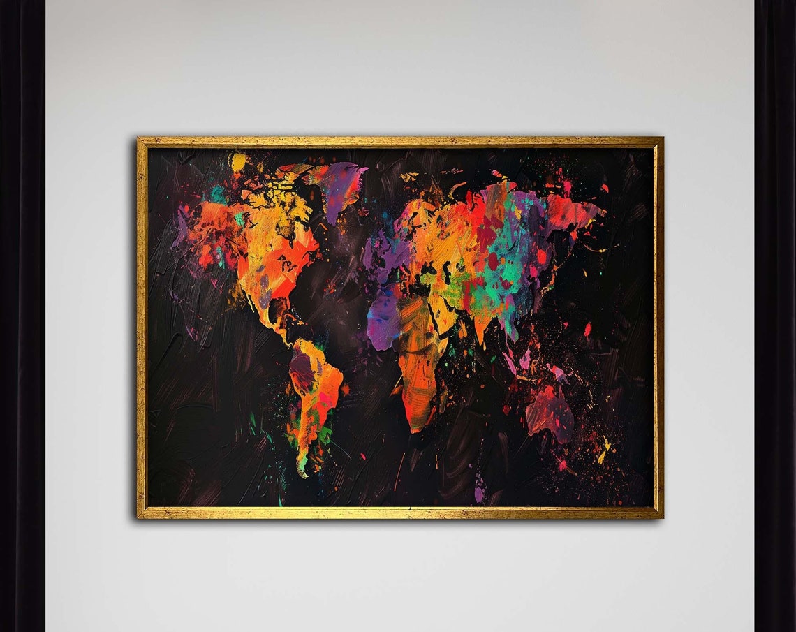 Vibrant Color Splash World Map Black Abstract Modern Wall Art