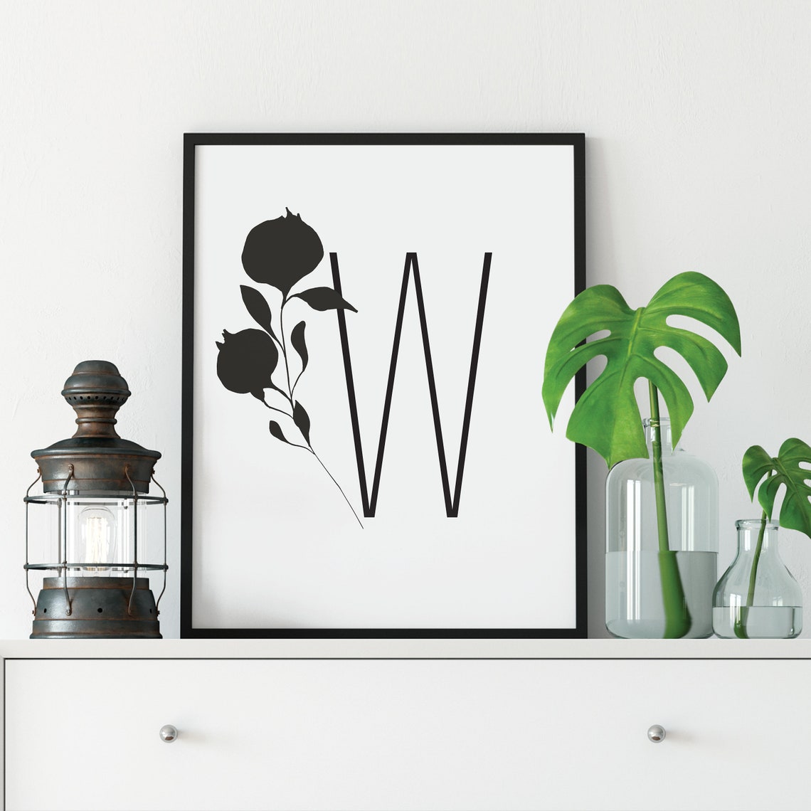 Letter W Botanical Initial Wall Art with Black Branch Silhouette
