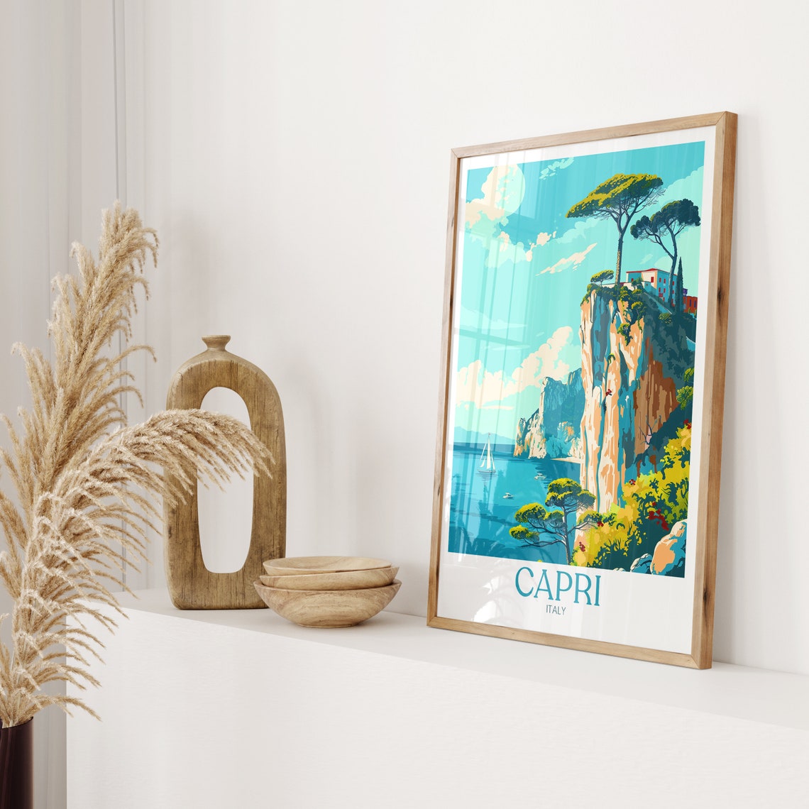 Capri Italy Sea Cliffs Stone Pines Sailboats Turquoise Bay Poster - Image 2