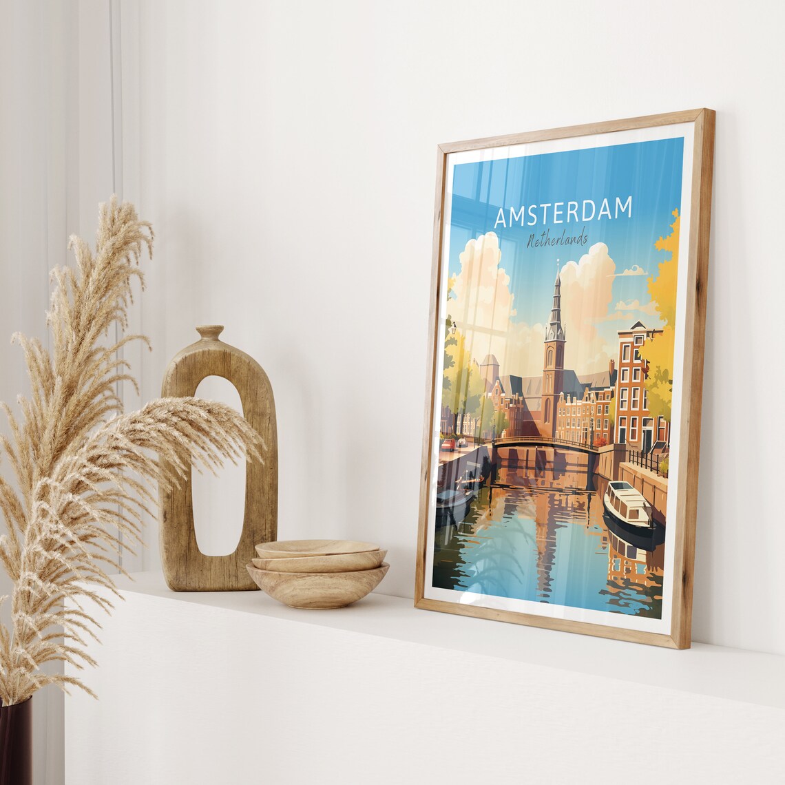 Amsterdam Netherlands Canal Bridge Church Tower Boats Poster - Image 2
