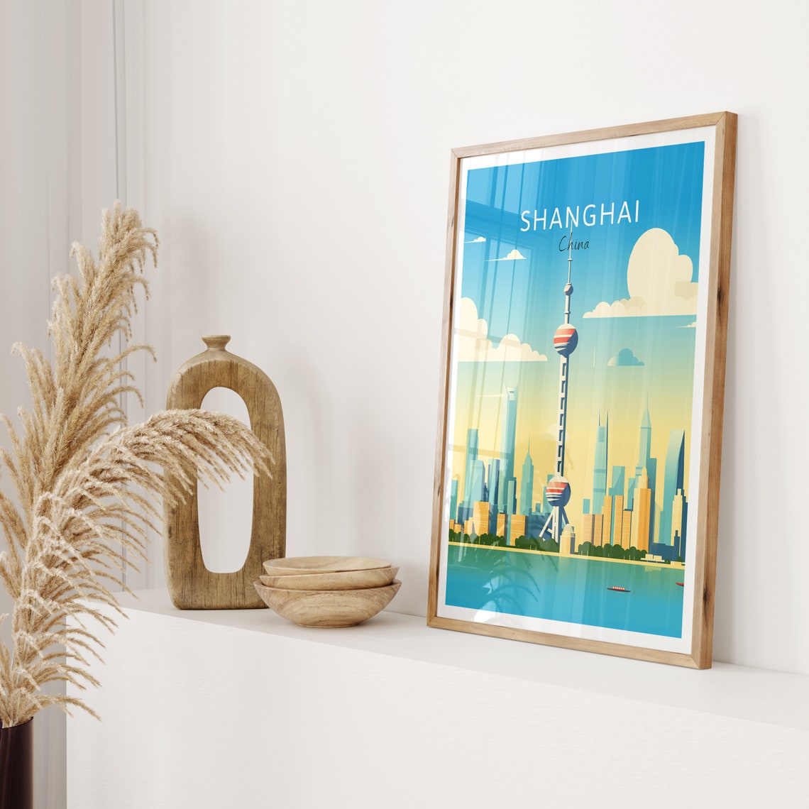 Shanghai China Poster Oriental Pearl Tower Skyline River View Art - Image 2