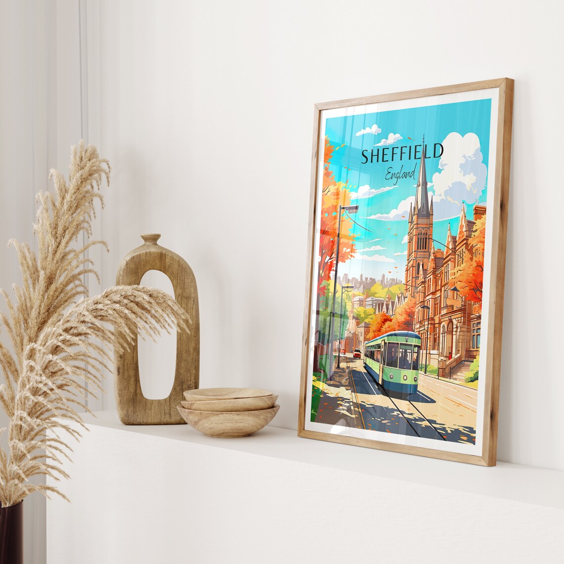 Sheffield England Vintage Tram Autumn Street Church Travel Poster - Image 2