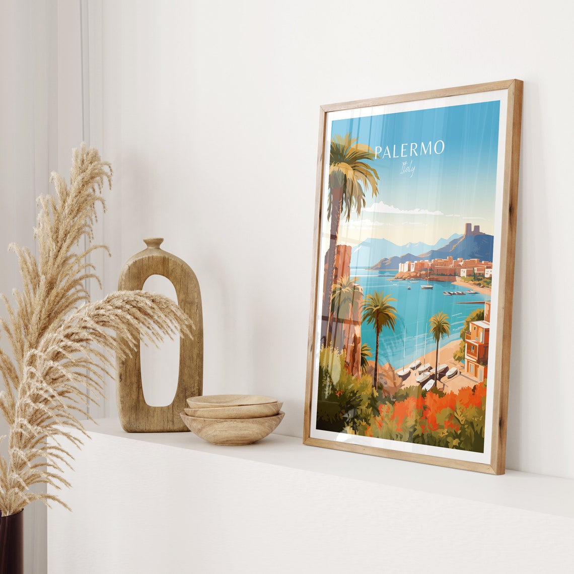 Palermo Italy Coastal Harbor Palm Trees Colorful Seaside Poster - Image 2