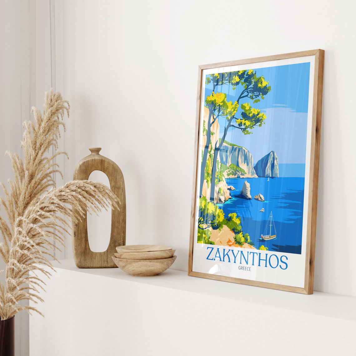 Zakynthos Greece Cliffs Sea Stacks Sailboat Blue Travel Poster - Image 2