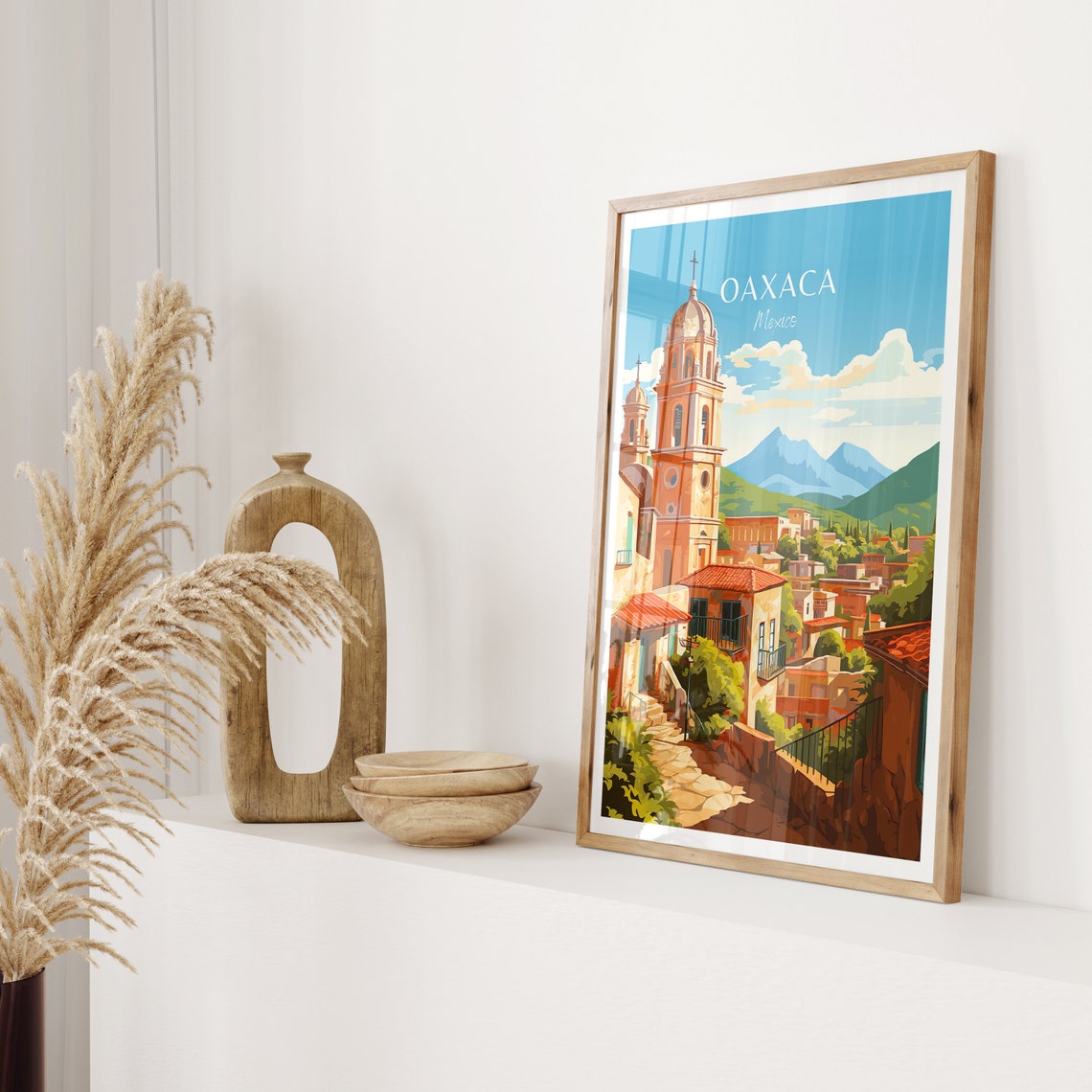 Oaxaca Mexico Poster Colonial Church Hillside Town Colorful Art - Image 2