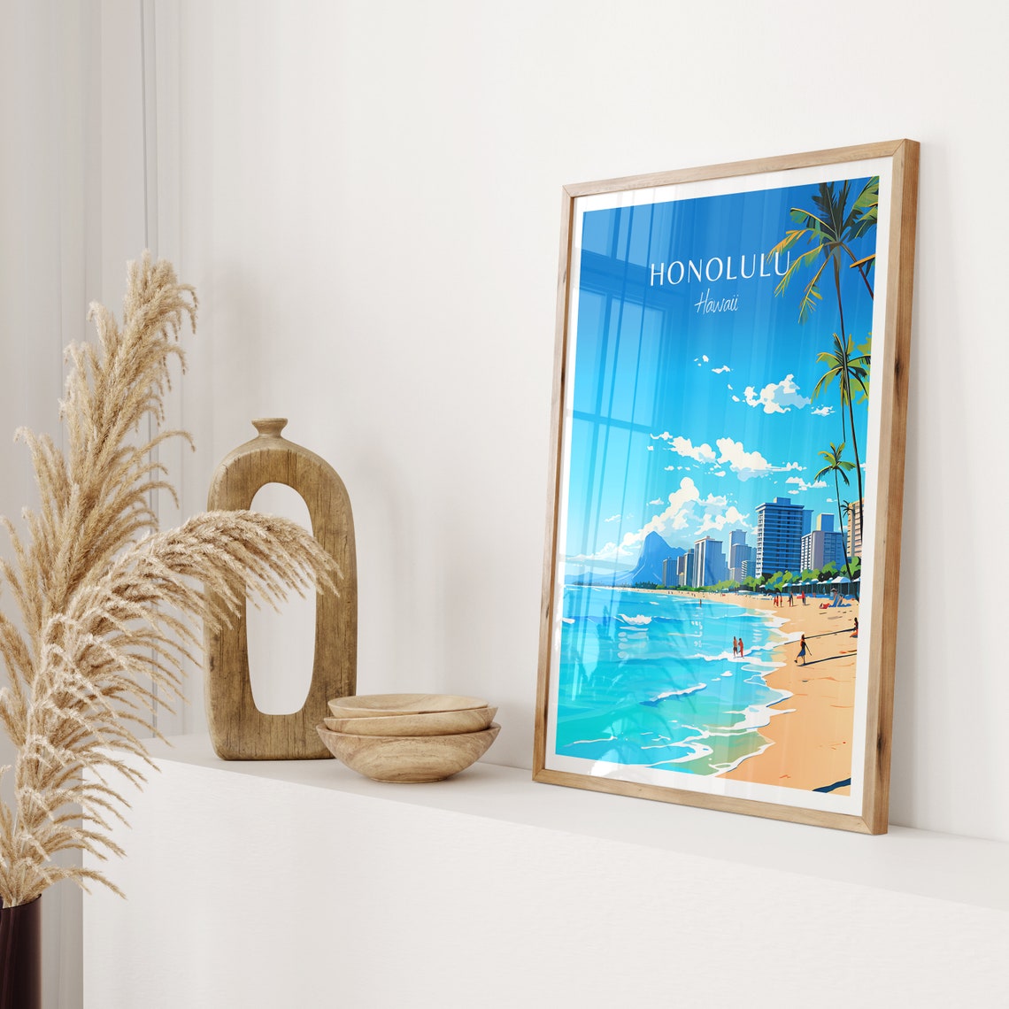 Honolulu Hawaii Waikiki Beach Palms Vintage Travel Poster Artwork - Image 2