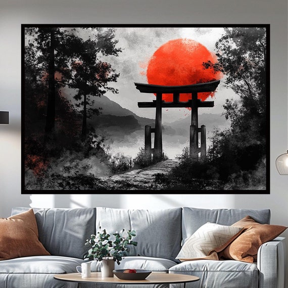Japanese Zen Art Torii Gate Oriental Art Print Wall Art Wall Hangings Minimalist Wall Decor Red Sun Printing Asian Art Modern