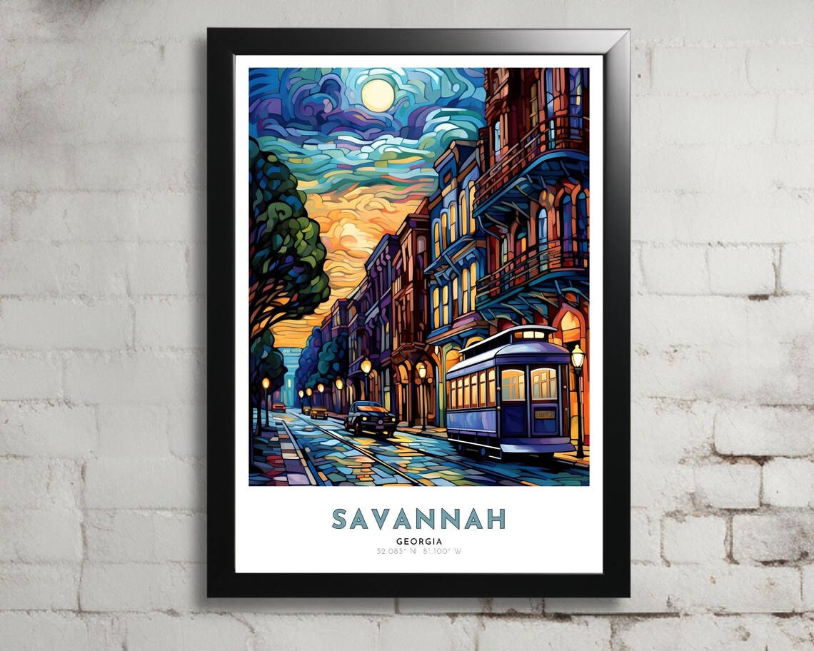 Savannah Georgia Trolley Street Stained Glass Night Scene Poster