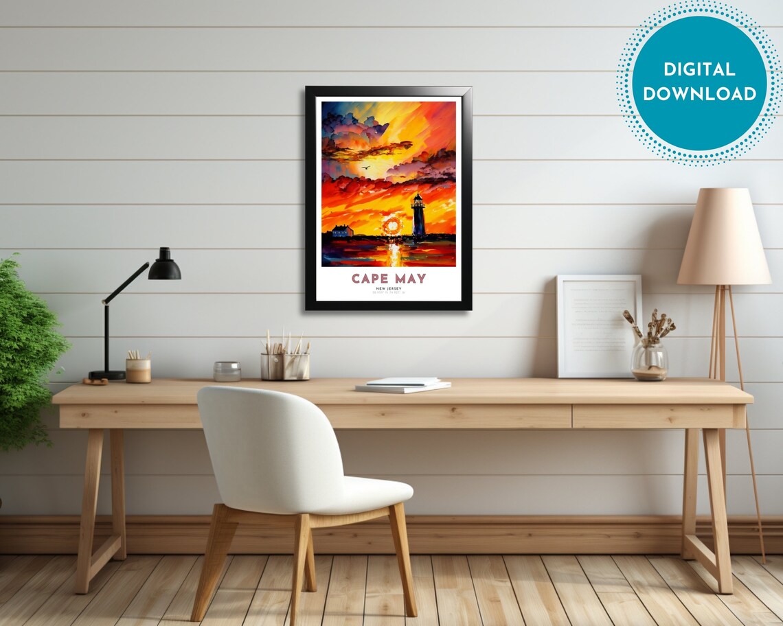 Cape May New Jersey Lighthouse Sunset Ocean Waves Fiery Sky Travel Poster - Image 3