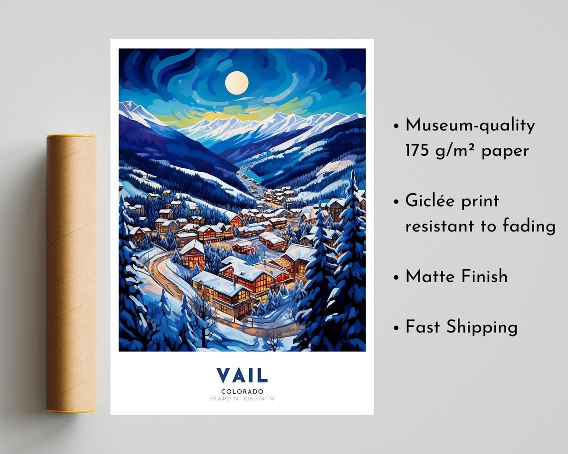 Vail Colorado Moonlit Snow Valley Alpine Village Travel Poster - Image 5