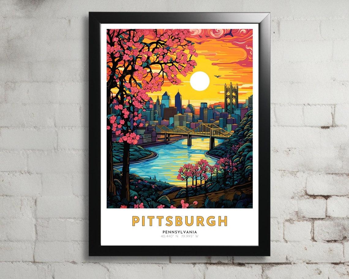 Pittsburgh Pennsylvania Sunset Skyline Bridge River Art Poster