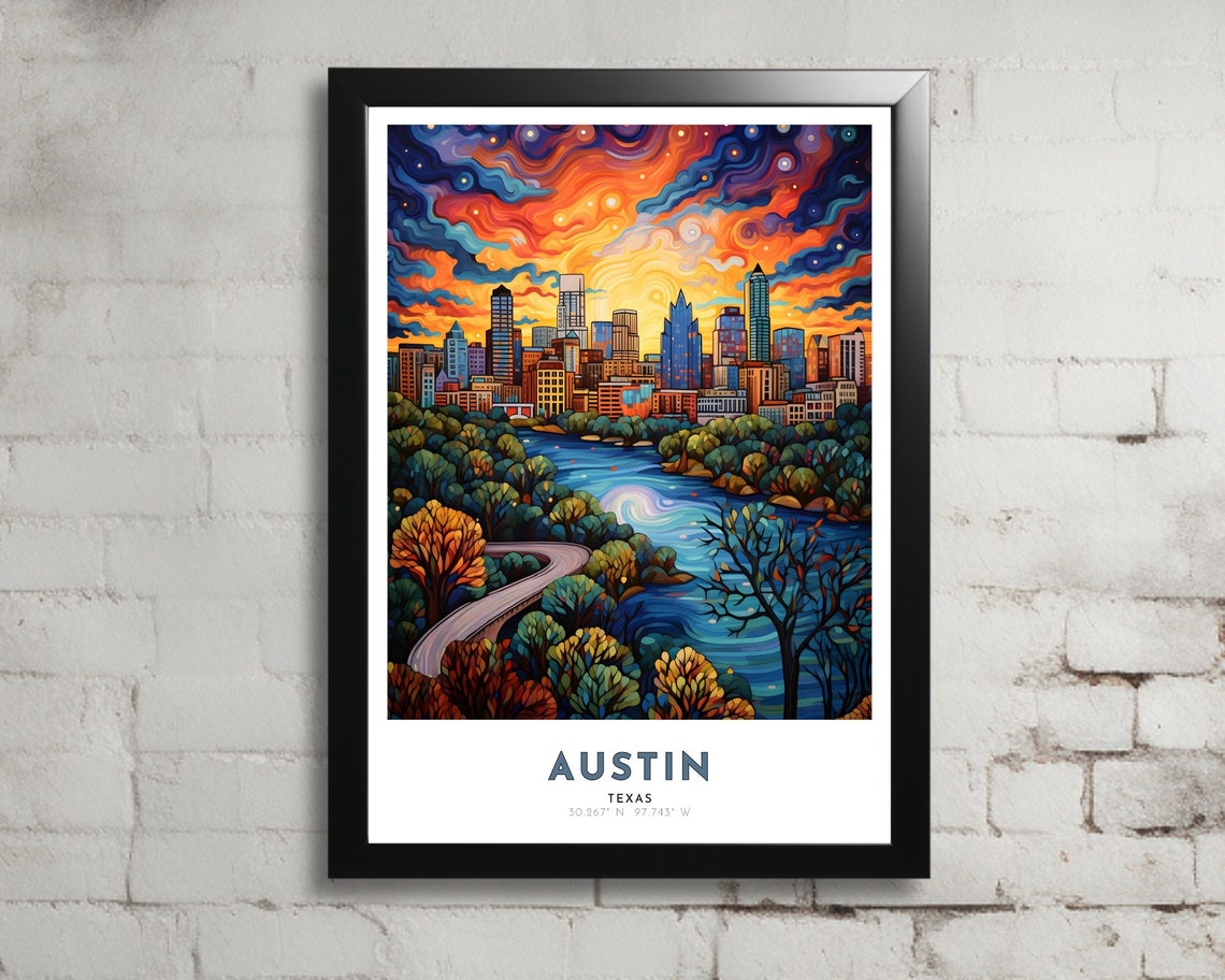 Austin Texas Skyline Sunset Swirling Sky Colorful Travel Poster