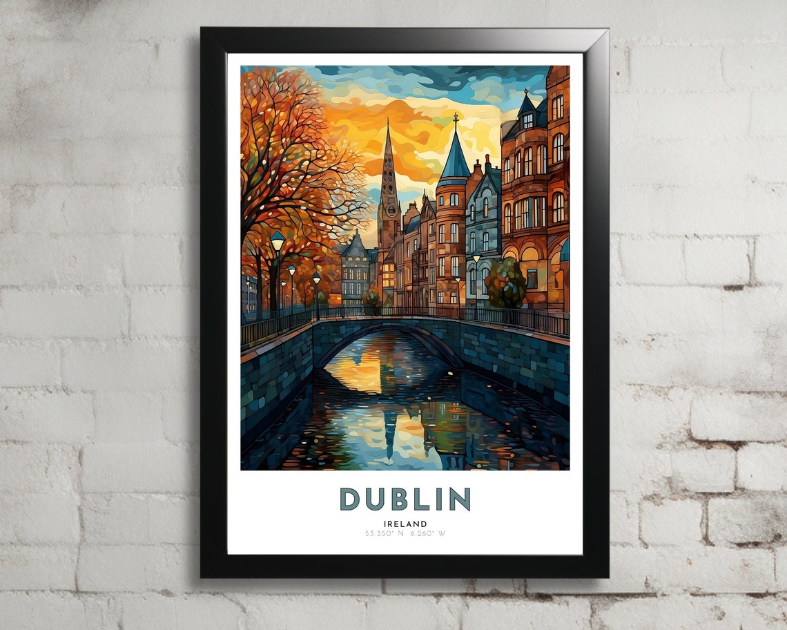 Dublin Ireland Old Canal Bridge Sunset Church Spire City Poster