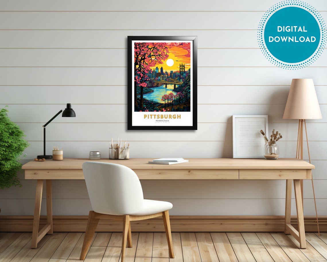 Pittsburgh Pennsylvania Spring Sunset River Bridge Art Poster - Image 2