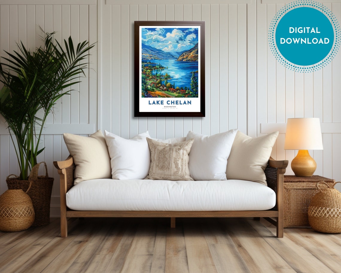 Lake Chelan Travel Poster Of Washington Art Nouveau Gift For Lovers Of Lake Chelan Wall Art Decor Of Lake Chelan Painting - Image 3
