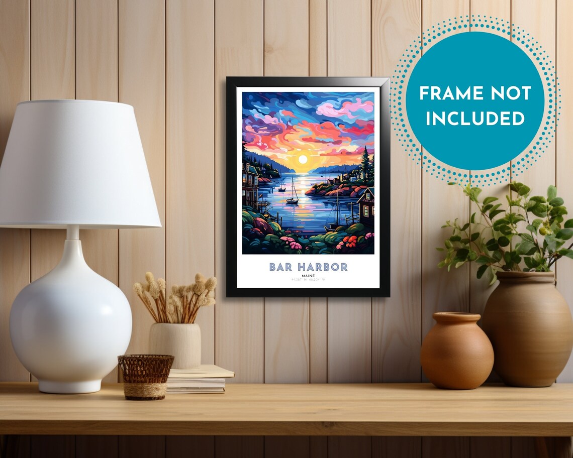 Bar Harbor Maine Sunset Sailboats Harbor Village Travel Art Poster - Image 3