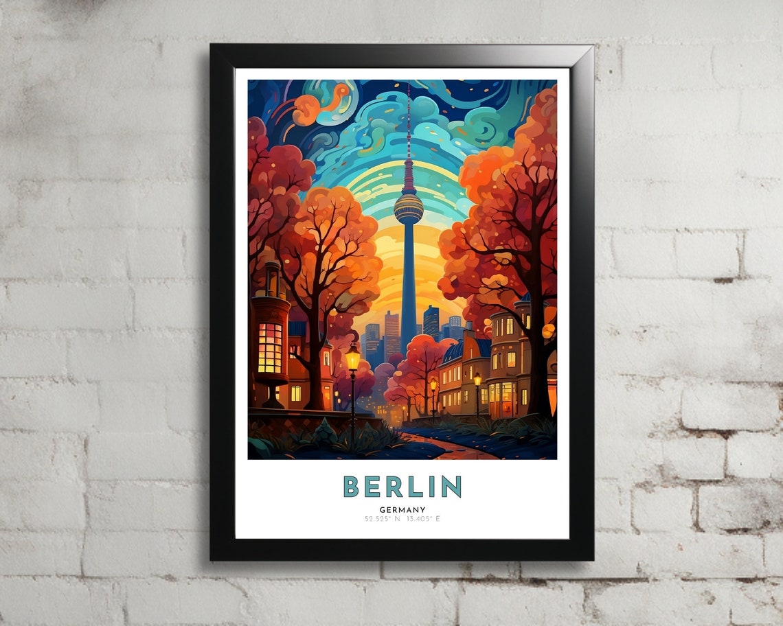 Berlin Germany TV Tower Autumn Trees Night Art Nouveau Travel Poster