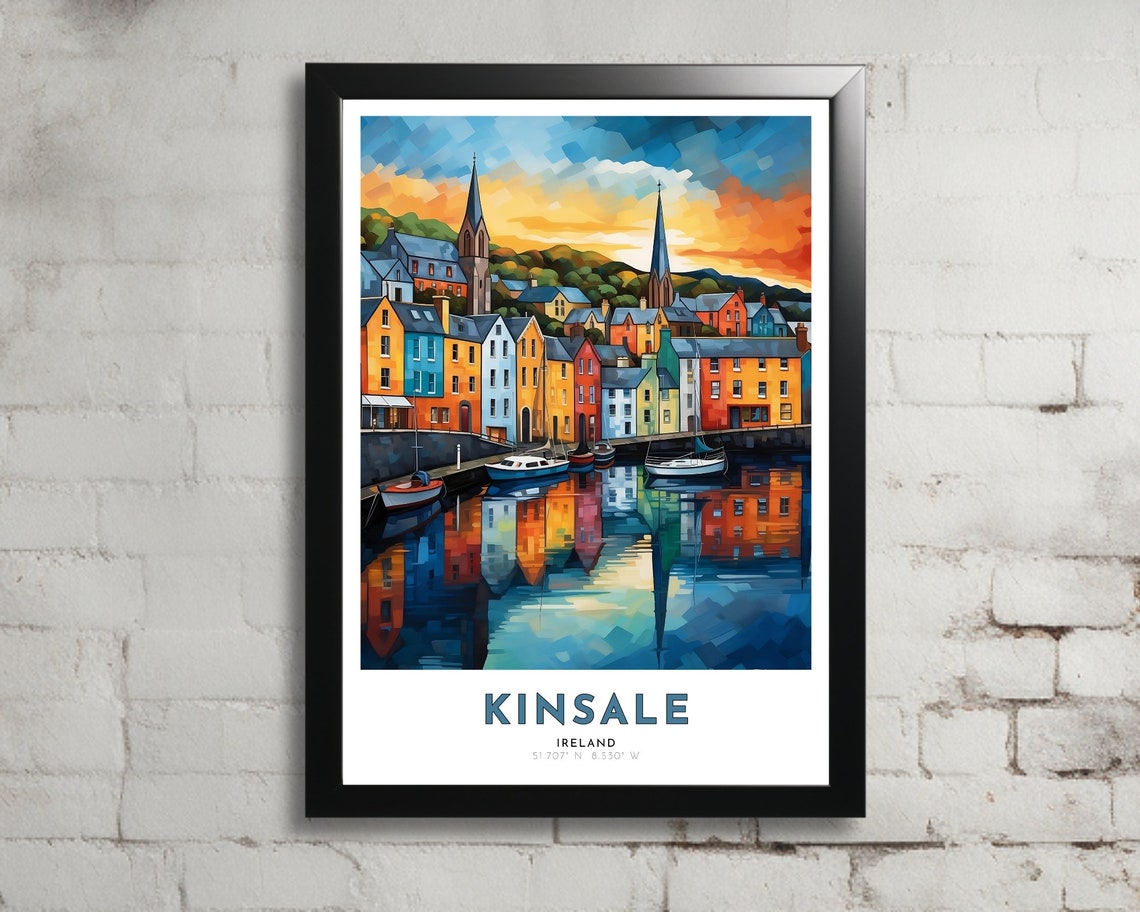 Kinsale Ireland Colorful Waterfront Houses Sunset Travel Poster
