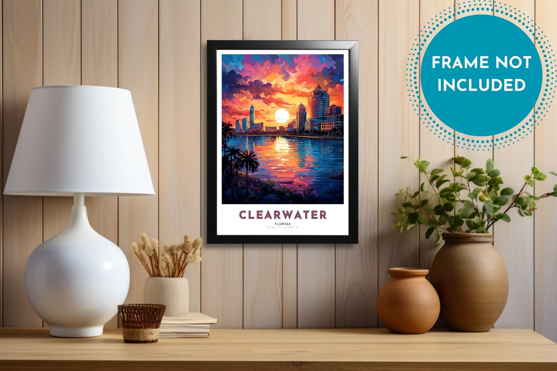 Clearwater Florida Colorful Bay Sunset Skyline Palm Trees Poster - Image 3