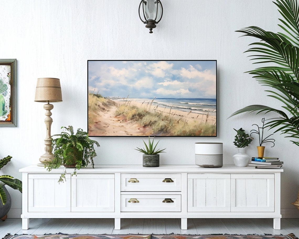 Sandy Beach Dune Path Ocean Waves Soft Coastal Painting Wall Art - Image 2