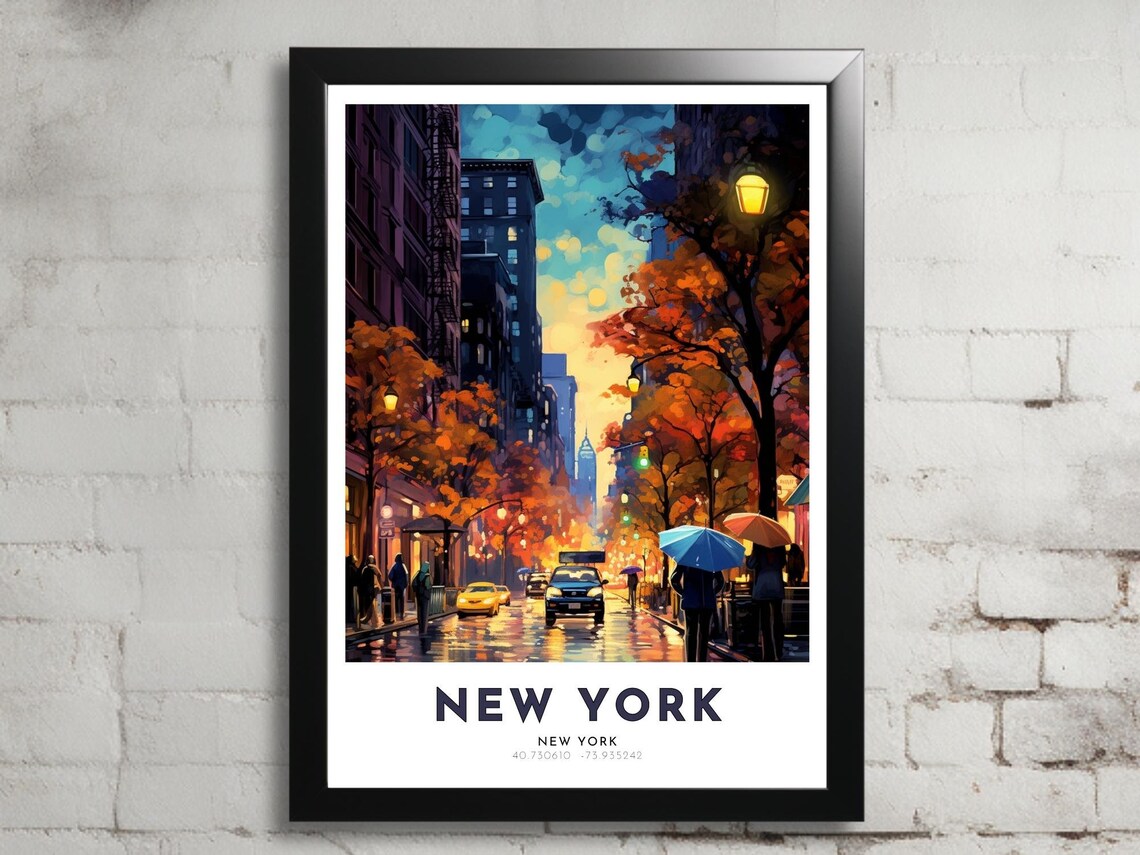 Manhattan New York City Rainy Autumn Street Scene Art Poster
