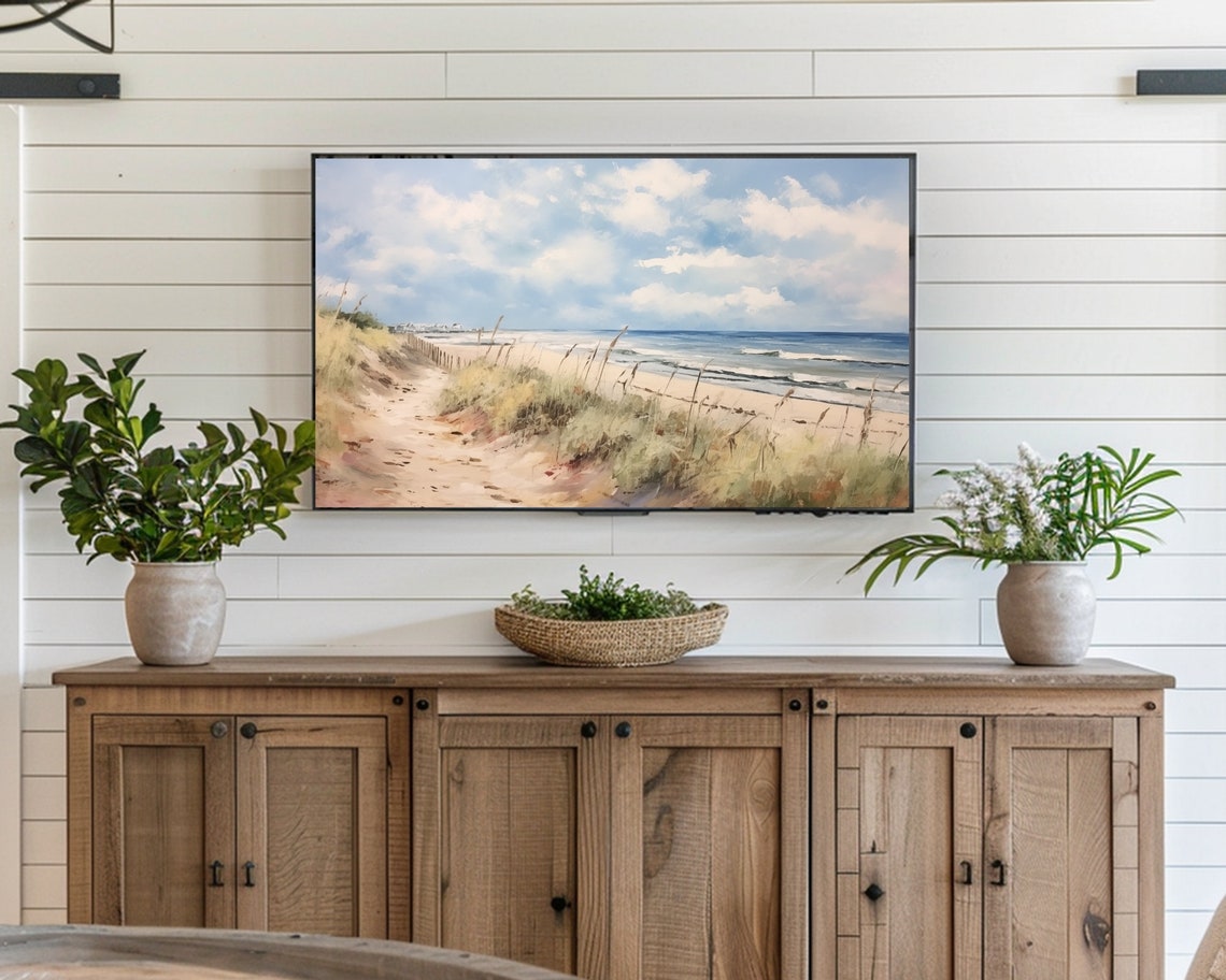 Sandy Beach Dune Path Ocean Waves Soft Coastal Painting Wall Art - Image 4