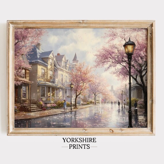 Moody Vintage Spring Town City Art Print Spring Decor Spring Print Farmhouse Decor Easter Decor Cherry Blossom Tree Spring Wall Art