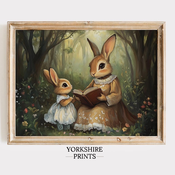 Cute Easter Bunny Reading Book Easter Bunny And Baby Wall Art Spring Bunny Rabbit Family Easter Rabbit Wall Art Easter Bunny Family Art