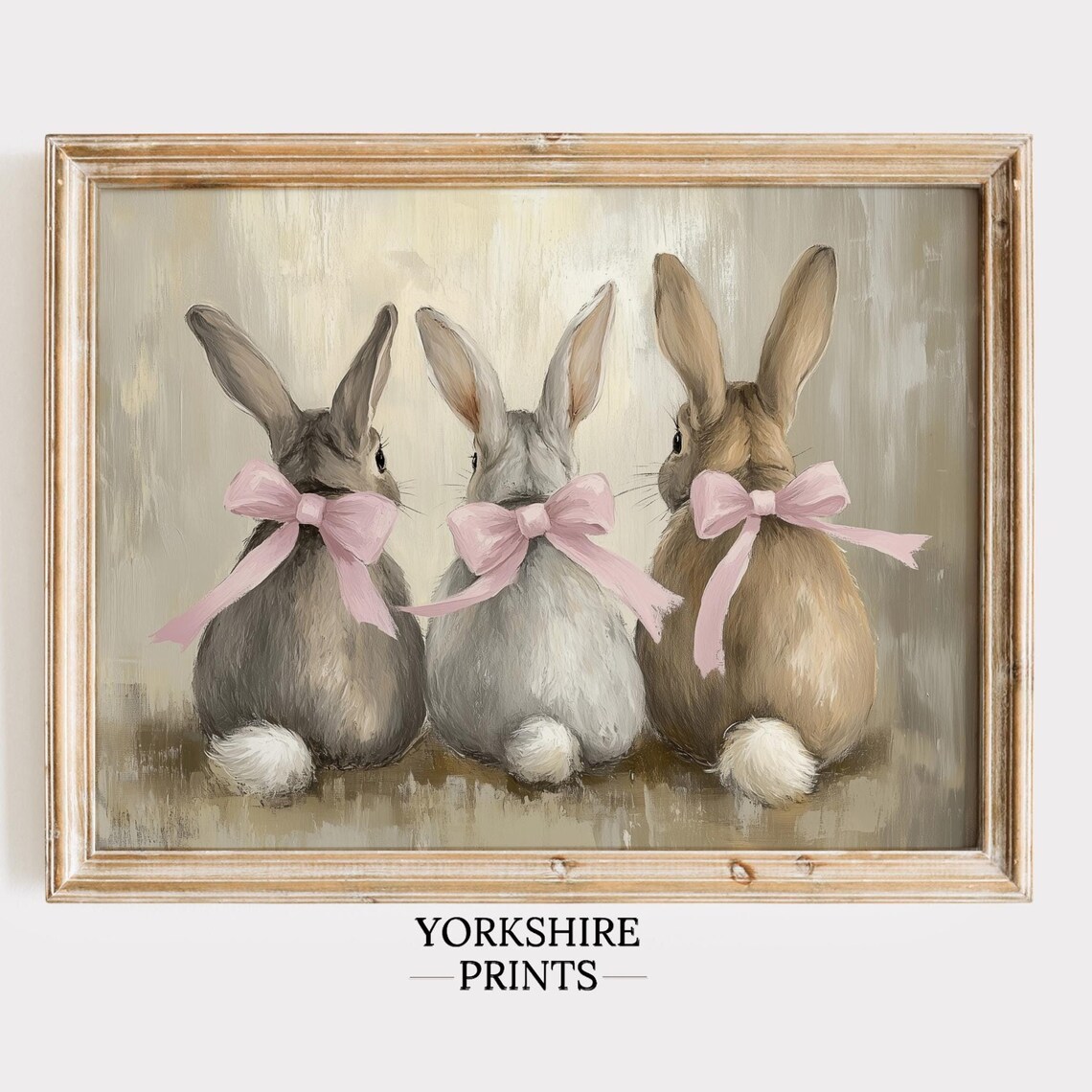 Spring Bunny Rabbits With Pink Ribbon, Vintage Poster