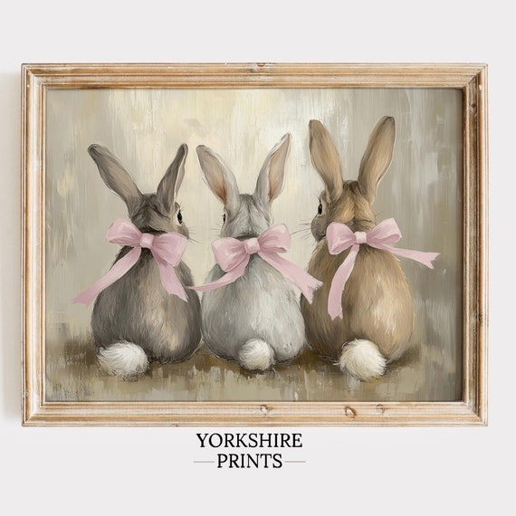 Spring Bunny Rabbits With Pink Ribbon, Vintage Poster