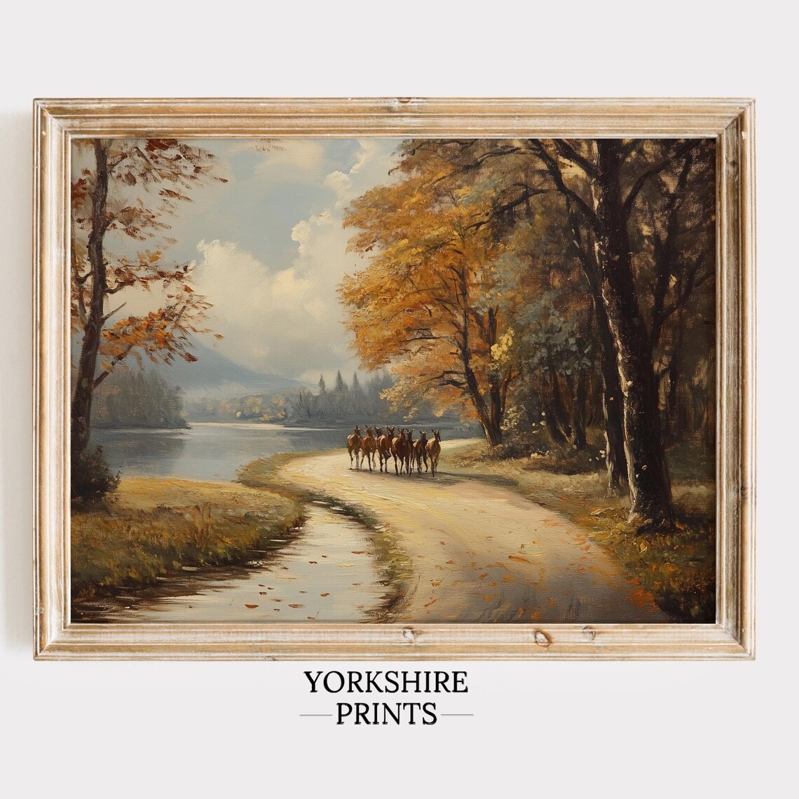 Horse Riders Autumn River Path Golden Trees Fall Landscape Art Poster