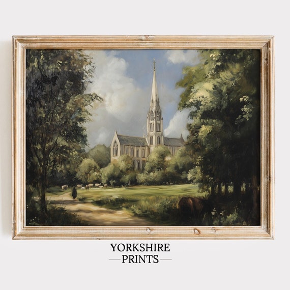 Vintage Countryside Painting Grand Cathedral Art Vintage Art Print Wall Art Rustic Cottage Watercolor Painting