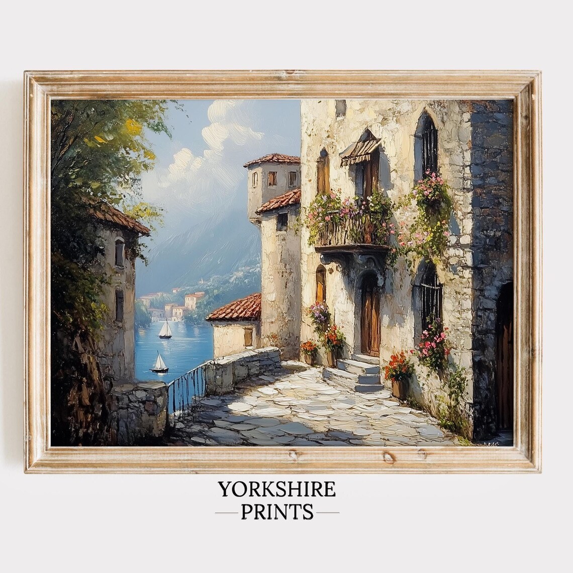 Italian Lakeside Village Street Stone Buildings Sailboats Art Poster