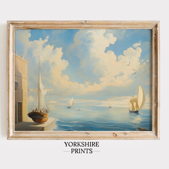 Mediterranean Harbor Sailboats Bright Blue Sky Coastal Oil Poster