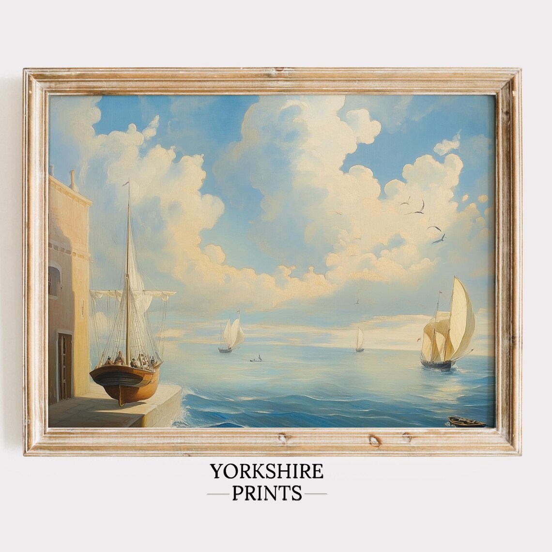 Mediterranean Harbor Sailboats Bright Blue Sky Coastal Oil Poster